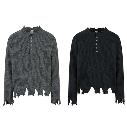 Ripped Hem Knit Cardigan – Loose Fit, featuring a distressed design in gray and black with buttons and a ripped hem.