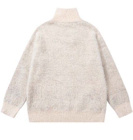 Back view of a soft, fuzzy sweater with a high collar, perfect for cozy casual wear.