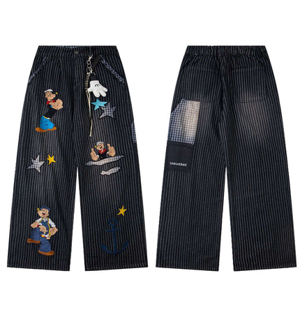 Retro Striped Embroidery Trousers - Loose Fit featuring embroidered patches and a washed striped finish.
