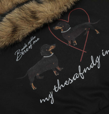 Retro Dachshund Hoodie - Loose Fit with playful dachshund graphic and faux fur collar.