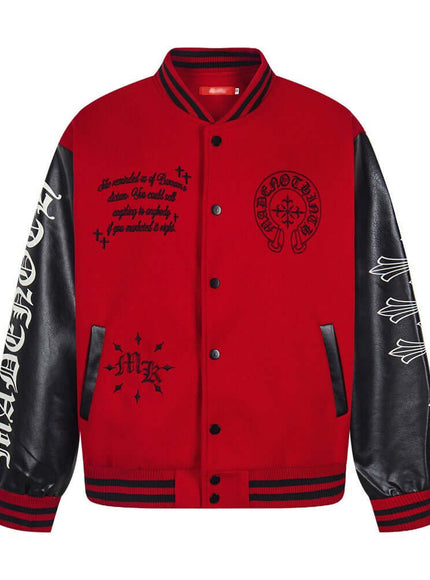 Model wearing Apricot leather sleeve patchwork jacket by Grozavu