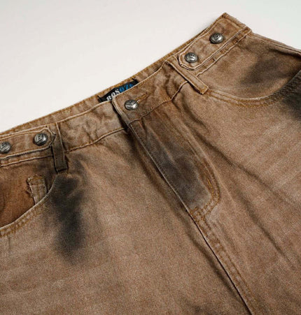 Distressed Patchwork Wide-Leg Denim Pants with tie-dye wash and distressed details.