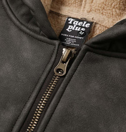 Thick Suede Hooded Jacket – Street Style close-up of zipper and tag details on the inner lining.