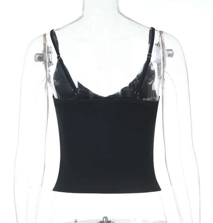 Lace Patchwork VNeck Top – Slim Fit displayed from the back, showing sleek design and adjustable straps.