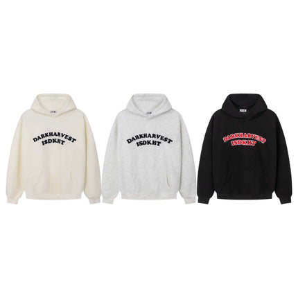 Embroidered Letter Hoodie – Loose Fit in three colors: cream, grey, and black with bold lettering.