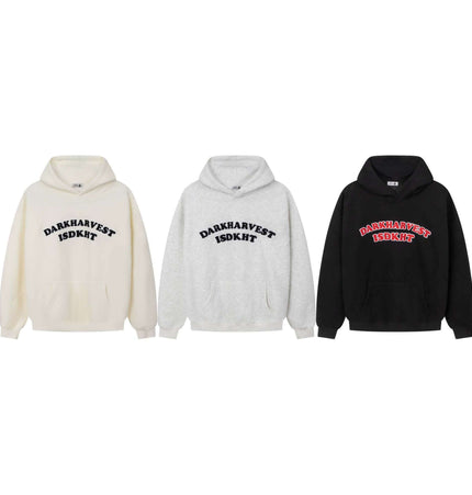 Embroidered Letter Hoodie – Loose Fit in three colors: cream, grey, and black with bold lettering.