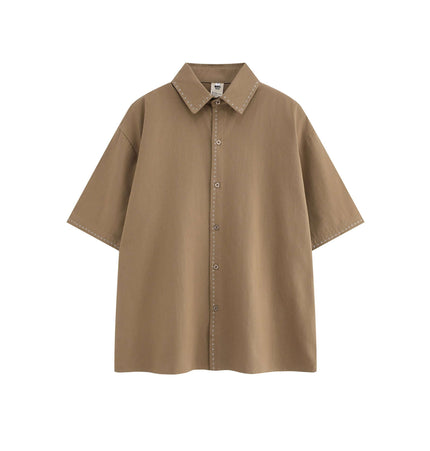 Minimal Casual Loose Short Sleeve Shirt in light brown with button closure and flip collar design.