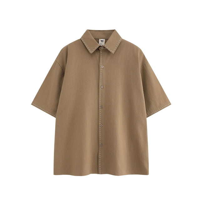 Minimal Casual Loose Short Sleeve Shirt in light brown with button closure and flip collar design.