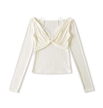 Top cu mânecă lungă din dantelă răsucită