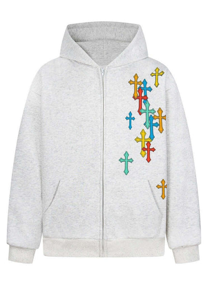 Back view of Gray cross hooded cardigan sweatshirt by Grozavu