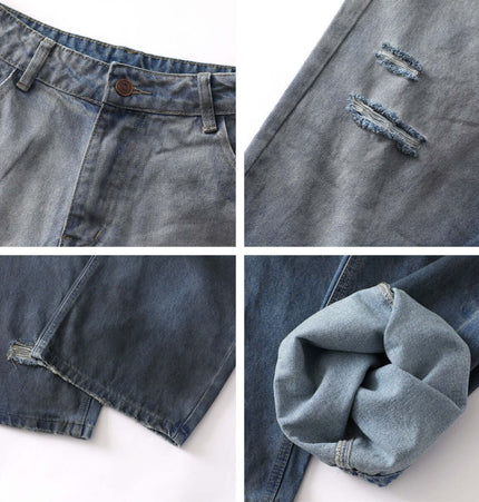 Washed Distressed Denim Pants showcasing detail shots, including the waistband, distressed areas, and rolled cuffs.