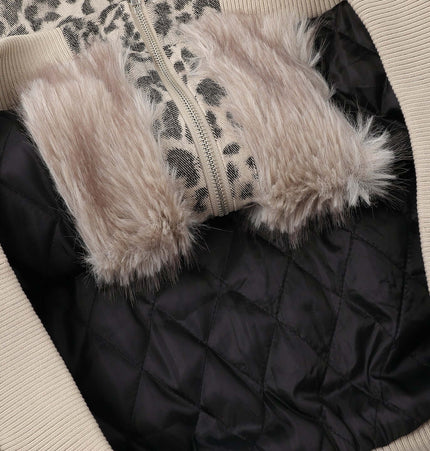 Leopard Print Velvet Jacket - Loose Fit interior showing soft lining and cozy wool collar details.