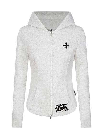 Close-up of Gray letter cross zipper cardigan fabric