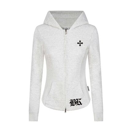 Close-up of Gray letter cross zipper cardigan fabric