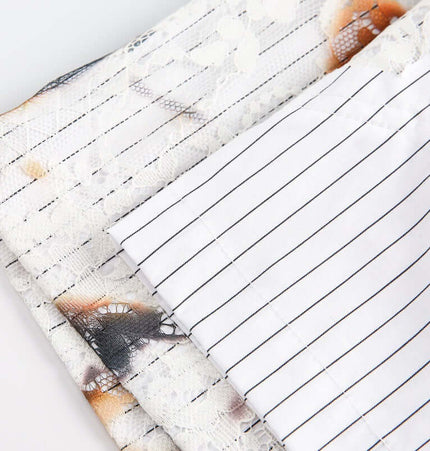 Flame Lace Patchwork Shirt – Loose Fit featuring artistic patchwork with burnt stripe pattern and lace details.