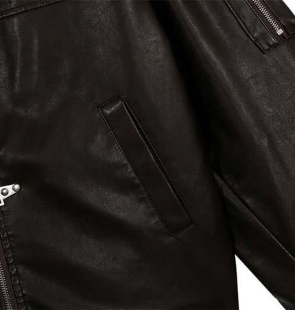 Patchwork Cotton Jacket – Loose Fit showcasing PU leather patchwork and zip details.