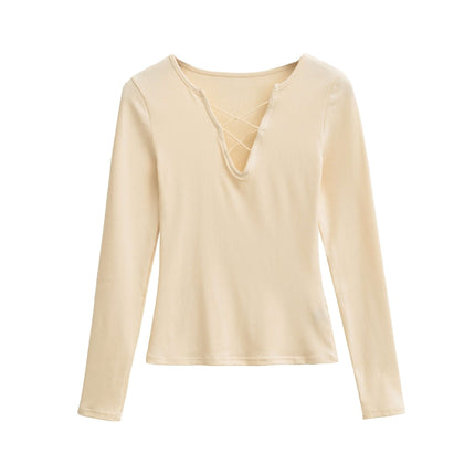 Top cu mânecă lungă, de tip slim fit, cu decolteu în V și bretele