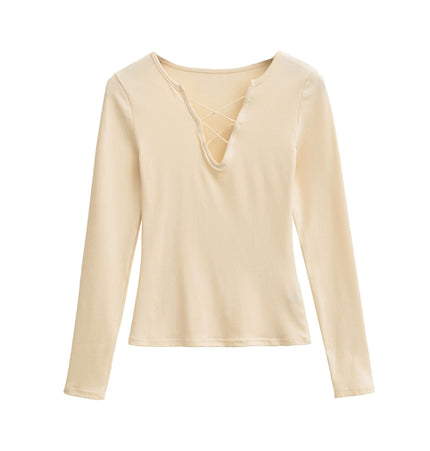 Top cu mânecă lungă, de tip slim fit, cu decolteu în V și bretele