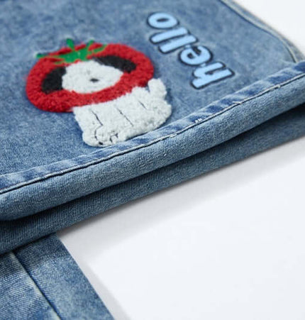Cartoon Patch College Denim Pants featuring embroidered patches and playful designs on durable cotton.
