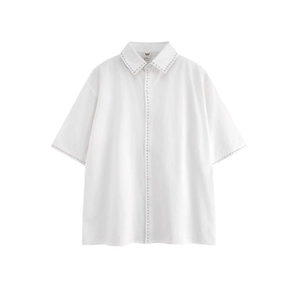 Minimal Casual Loose Short Sleeve Shirt in white with flip collar and button detail for men and women.
