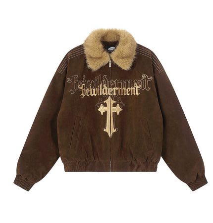Warm Cotton Jacket with Fur Collar – Loose Fit in brown with fur collar and graphic design.