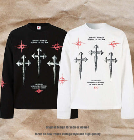 Casual Loose Waffle Knit Top featuring unique sword graphic prints in black and white, perfect for casual wear.