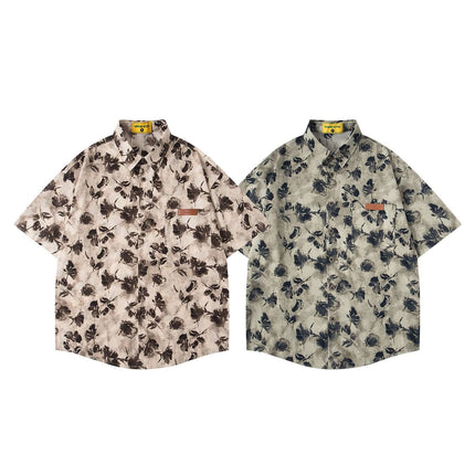 Floral Print Short Sleeve Shirt – Loose Fit - Two retro floral shirts in apricot and green, perfect for summer wear.