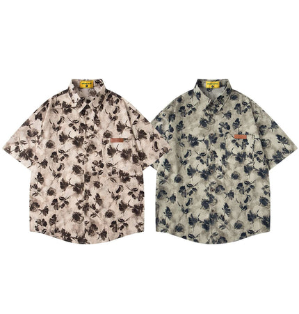 Floral Print Short Sleeve Shirt – Loose Fit - Two retro floral shirts in apricot and green, perfect for summer wear.