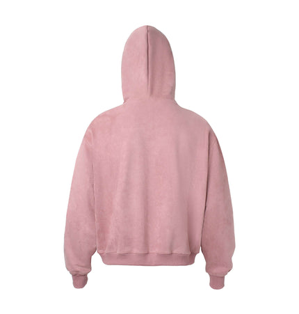 Faux Suede Printed Hoodie – Loose Fit, back view of pink hoodie with hood and loose fit design.