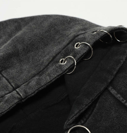 Retro Washed Zip Up Hoodie – Loose Fit showing the detailed hood and zipper design in distressed black fabric.