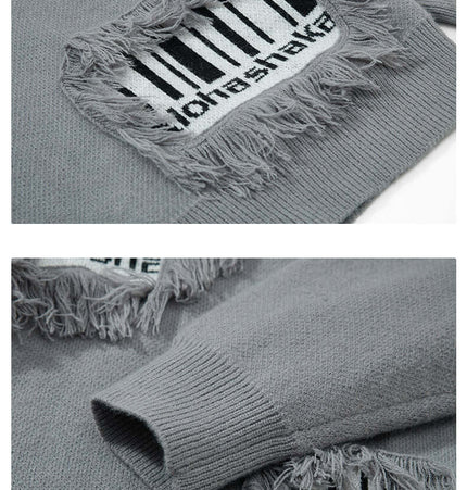 Fringe Patchwork Knit Sweater – Loose Fit with raw-edge detailing and fringe accents in a stylish gray fabric.