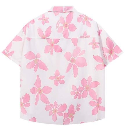 Pink Floral Short Sleeve Shirt – Loose Fit with a vibrant pink and white floral pattern on the back.