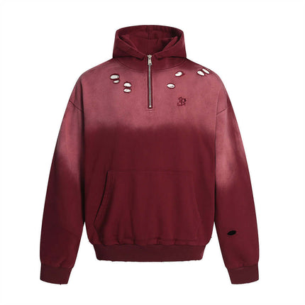 Tie-Dye Gradient Half-Zip Hoodie – Loose Fit with gradient tie-dye pattern and distressed details.