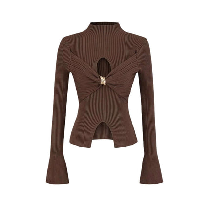 Metal Knot Hollow-Out Flare Sleeve Knit Top in brown with flared sleeves and hollow-out design.