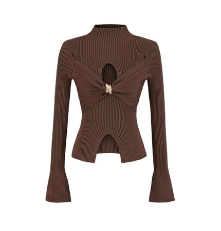 Metal Knot Hollow-Out Flare Sleeve Knit Top in brown with flared sleeves and hollow-out design.