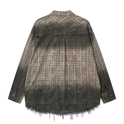 Radiant Plaid Distressed Shirt – Loose Fit featuring a frayed hem and stylish plaid design in earthy tones.