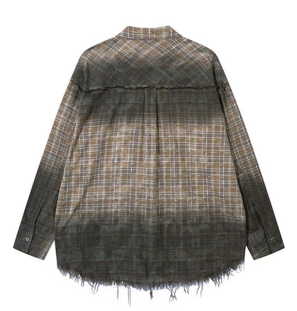 Radiant Plaid Distressed Shirt – Loose Fit featuring a frayed hem and stylish plaid design in earthy tones.