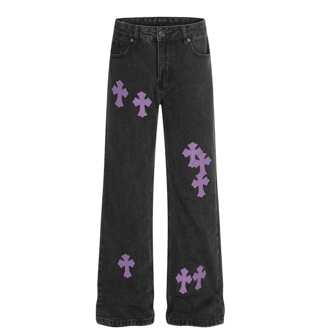 Retro Cross Flared Denim Pants – Slim Fit featuring purple cross appliqué detailing on black fabric.