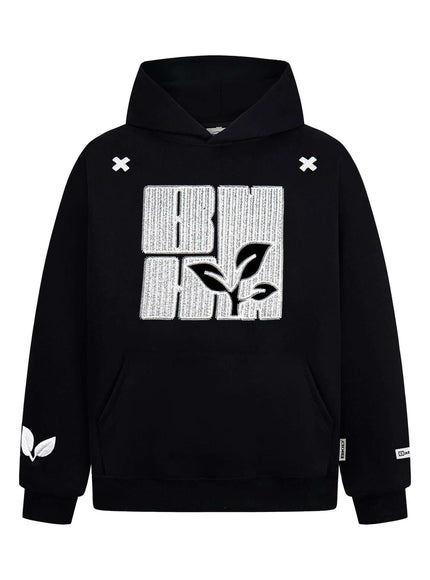 Back view of Gray cross shaped embroidered hooded sweatshirt by Grozavu