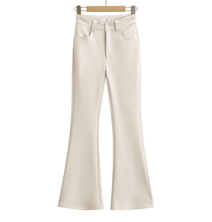 High Elastic Micro Flare Casual Pants hanging on a wooden hanger, showcasing a stylish flare design in a smooth fabric.