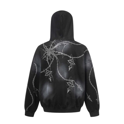 Distressed chain cross hoodie | Streetwear pullover hoodie | Unisex loose fit hoodie | Trendy cross print sweatshirt | Casual street style hoodie | Black and red hoodie