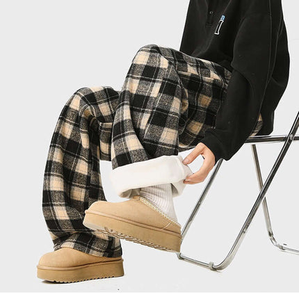 Fleece-Lined Winter Pants - Loose Fit showcased in relaxed plaid design, providing winter comfort and style.