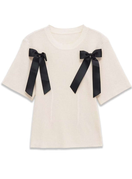 Model wearing White bow detail ribbed tee by Grozavu