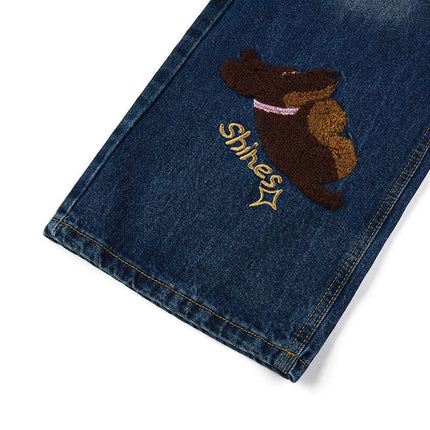 Puppy Embroidered Denim Jeans - Loose Fit featuring cute puppy embroidery and 'Shines' detail on the leg.