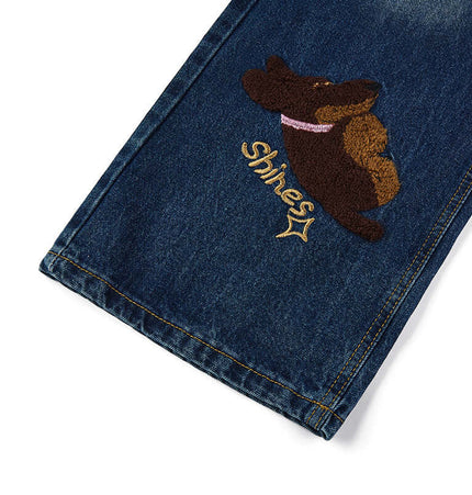 Puppy Embroidered Denim Jeans - Loose Fit featuring cute puppy embroidery and 'Shines' detail on the leg.