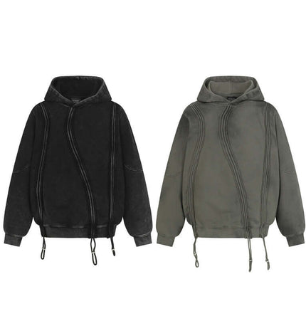 Stripe Patchwork Hoodie – Loose Fit in black and gray color options with unique seam design and drawstring details.