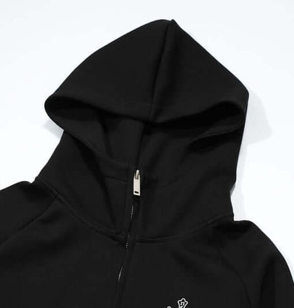 Vintage Gothic Zip-Up Hoodie – Slim Fit close-up of hood and zipper detail on a black sweatshirt