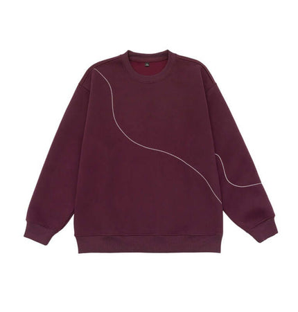 Round Neck Letter Print Hoodie – Loose Fit in deep burgundy with unique stitching detail.
