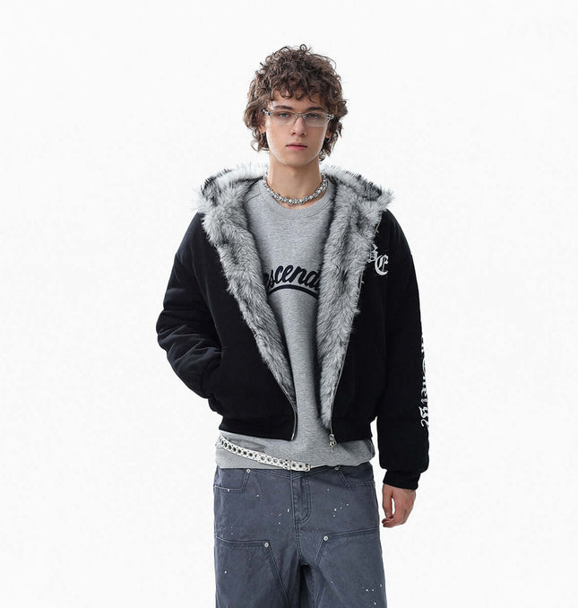 Velvet Hooded Jacket - Loose Fit featuring a stylish design with fur lining for added warmth and comfort.