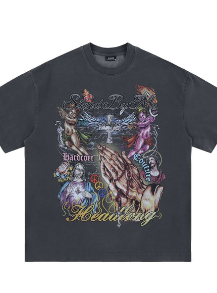 Back view of Dark Grey divine prayer graphic tee by Grozavu